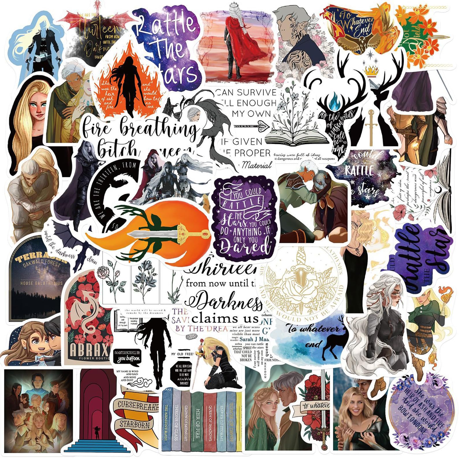 50Pcs Throne of Glass Stickers for Kids SJM Book Stickers for Teen Girl Adult Water Bottle Skateboard Phone Laptop Bicycle Travel Case (Acotar Merchandise)