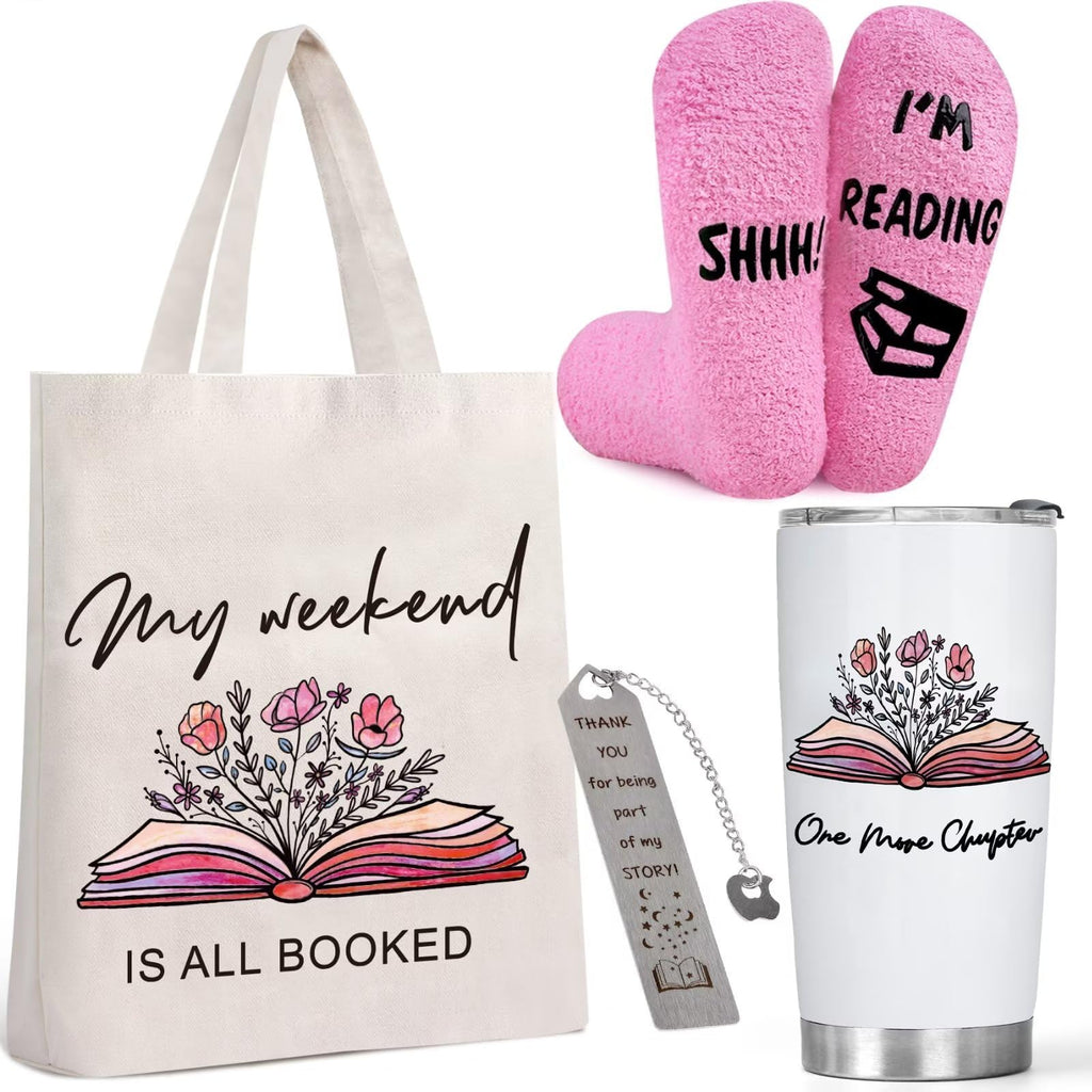 Gifts For Book Lovers - Book Accessories For Reading Lovers Include Canvas Tote Bag 20oz Book Tumbler Pink Sock Bookmarks - Book Club Gifts For Readers Librarian Bookworms Friends Family