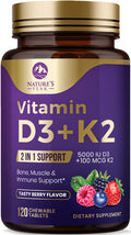Vitamin D3 K2 Supplement | 5000 IU Vitamin D3 & 100 mcg Vitamin K2 2 in 1 Vitamin D with K2 Complex Chewable Berry Tablets - Support Immune Heart Joint Teeth & Bone Health Non-GMO - 120 Servings