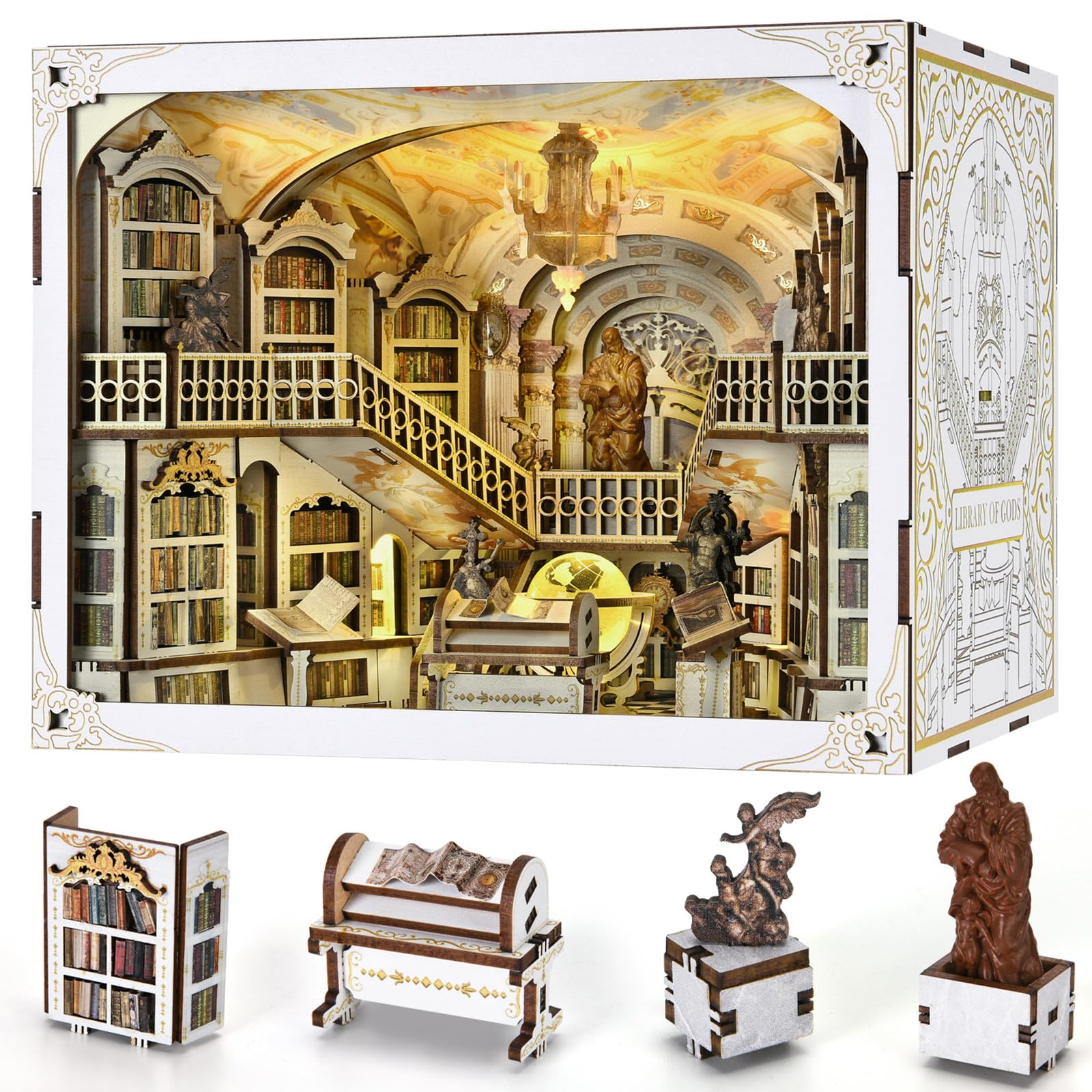 MiniCity Book Nook Kit DIY DIY Miniature Dollhouse for Adults Beyond Library 3D Wooden Puzzle Bookend Bookshelf Insert Decor with LED Light Gifts for Book Lovers (Library of Gods Max)
