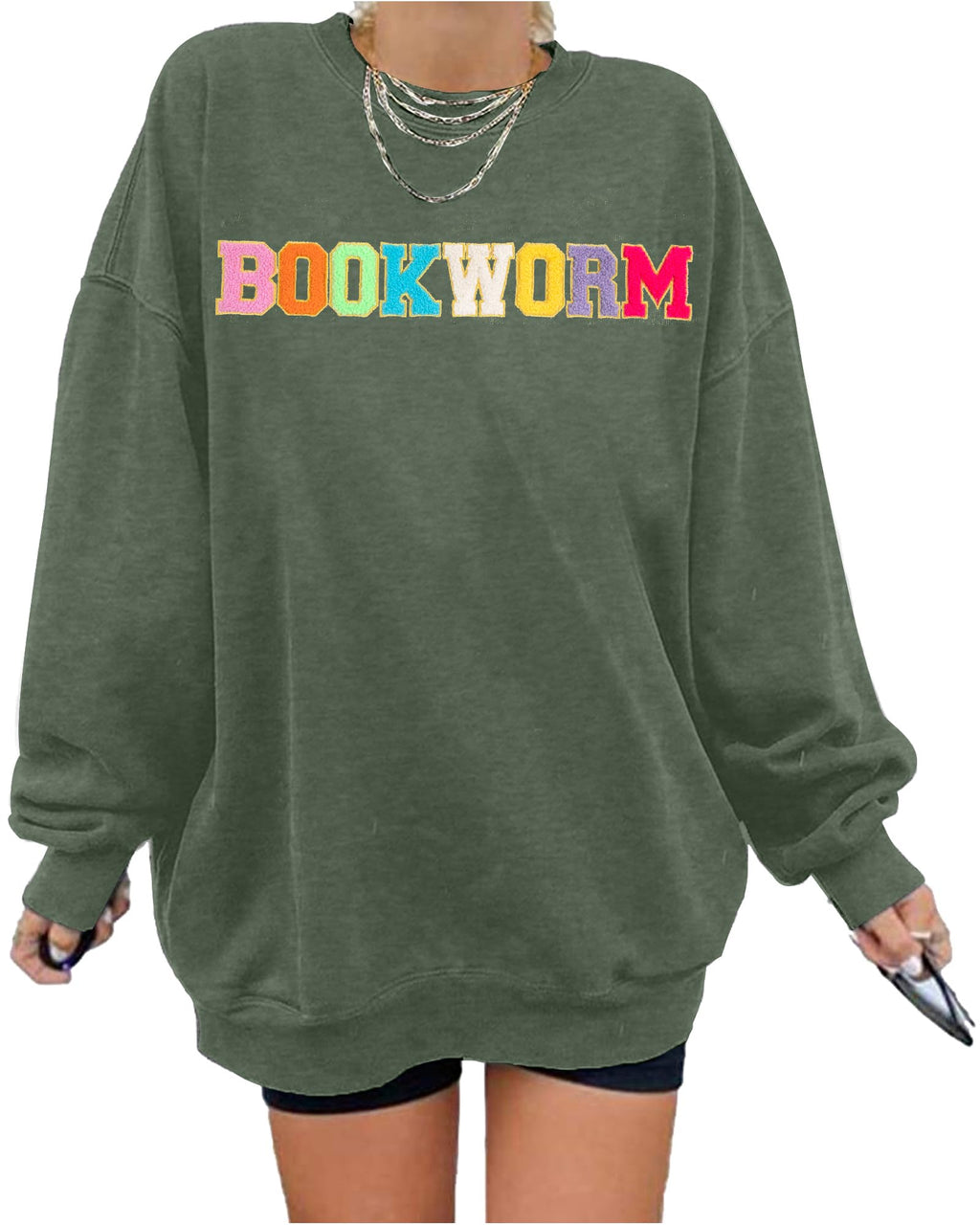 MNLYBABY Book Sweatshirt Women Oversized Embroidered Bookworm Sweatshirts Bookish Reading Sweater Book Lover Gift Tops Green