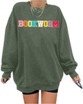 MNLYBABY Book Sweatshirt Women Oversized Embroidered Bookworm Sweatshirts Bookish Reading Sweater Book Lover Gift Tops Green