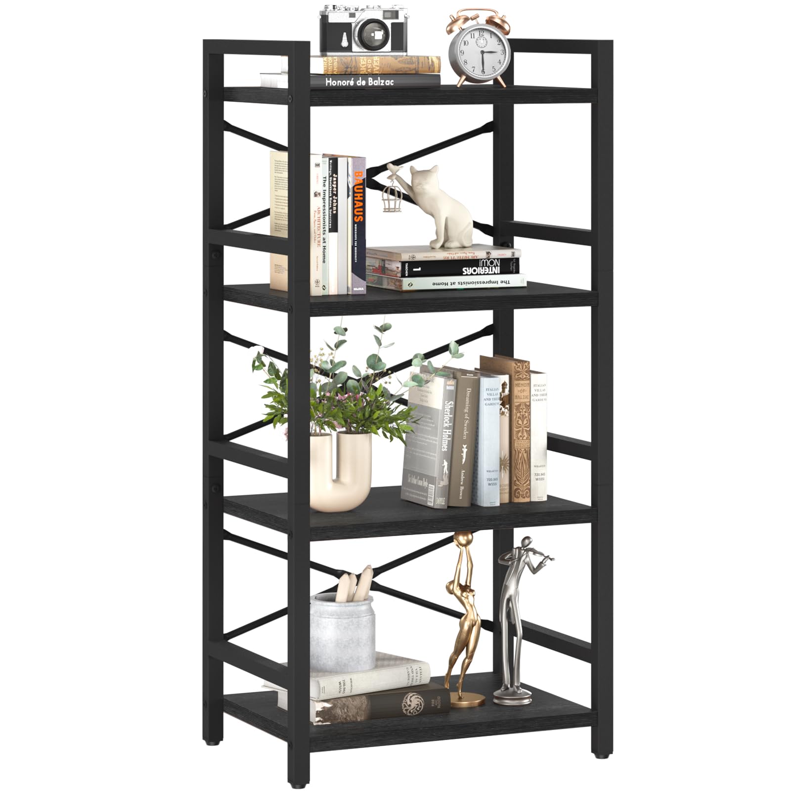Yoobure 4 Tier Bookshelf - Small Book Shelf Industrial Bookcase Narrow Book Case Book Storage Organizer for CD/Movie/Book Bookshelves for Bedroom Office Living Room Black
