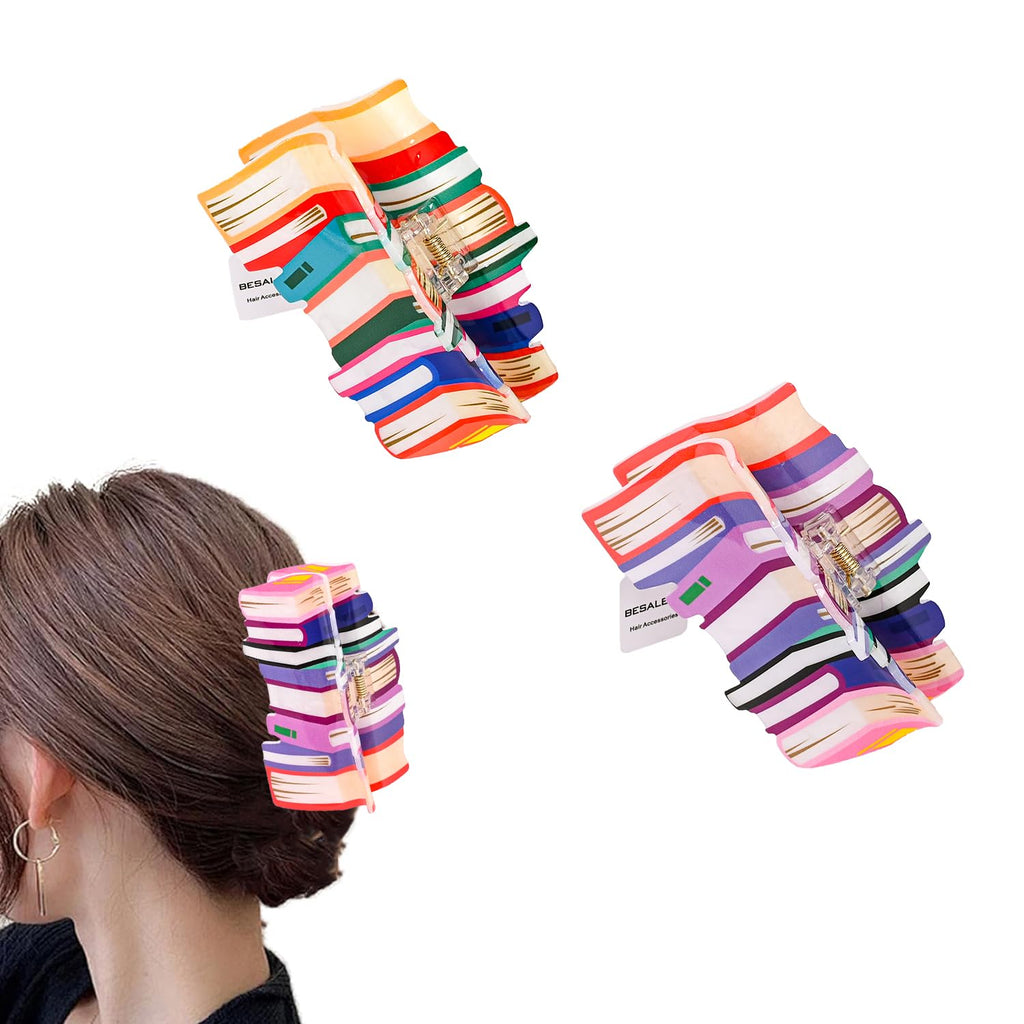 2Pcs Book Hair Claw Clips - Back To School Hair Clips for Thick Thin Hair Funny Teacher Hair Barrettes Accessories for Women Book Lovers (Purple&Orange-Book)