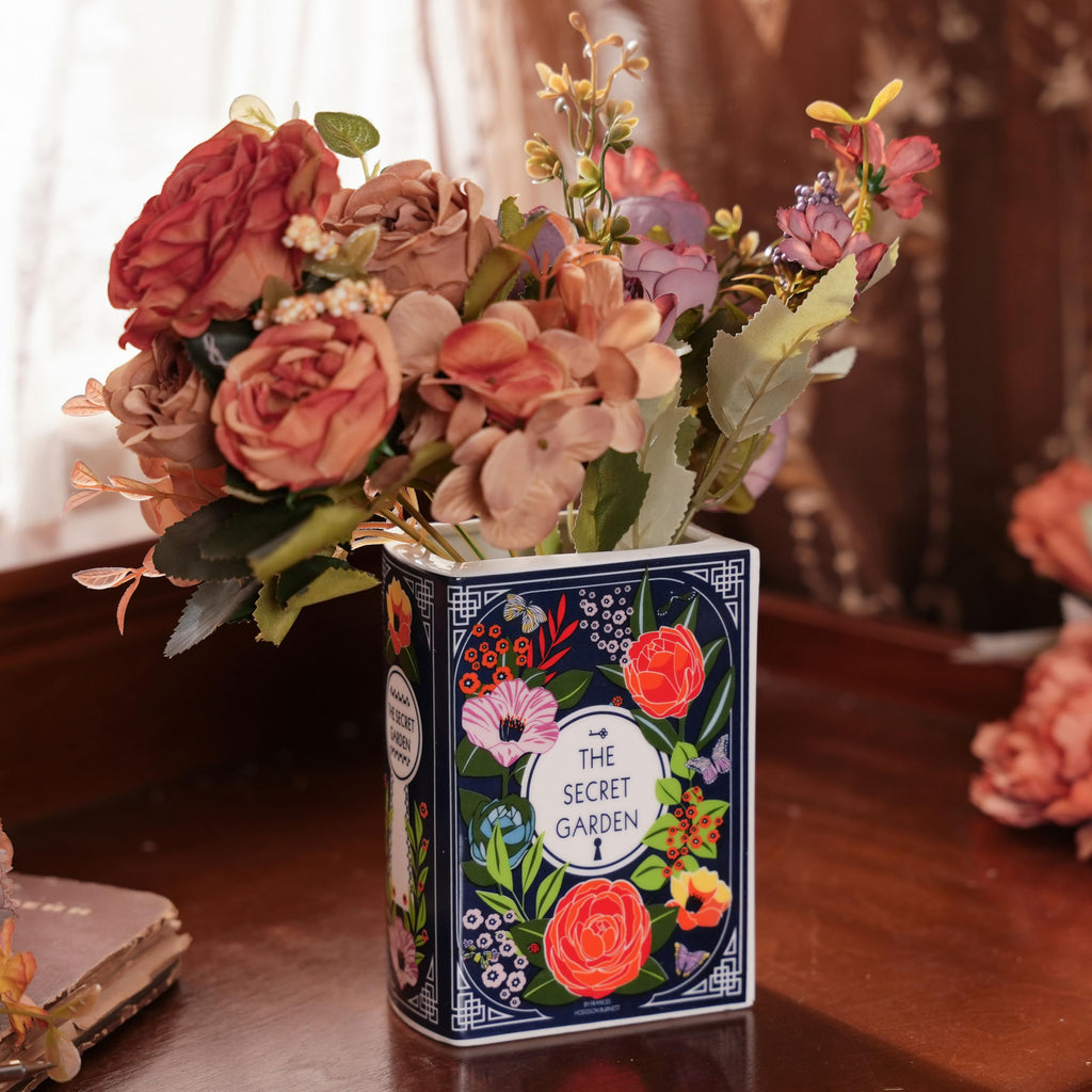 Ceramic Book vase for Flowers Book Flower vase for Home Decor Cute Bookshelf Decor Book Lovers Gifts Unique Home/Bedroom/Office Accent (Small - Secret Garden)