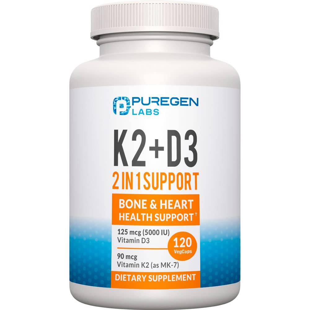 2 in 1 High Potency Formula 90mcg Vitamin K2 (MK7) and 5000 IU Vitamin D3 Supplement for Bone and Heart Health. Non-GMO Formula Easy to Swallow Vitamin D & K Complex 120 Capsules I 4-month supply