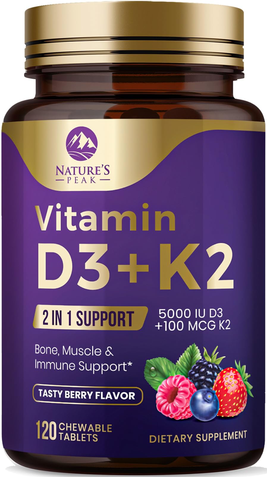 Vitamin D3 K2 Supplement | 5000 IU Vitamin D3 & 100 mcg Vitamin K2 2 in 1 Vitamin D with K2 Complex Chewable Berry Tablets - Support Immune Heart Joint Teeth & Bone Health Non-GMO - 120 Servings