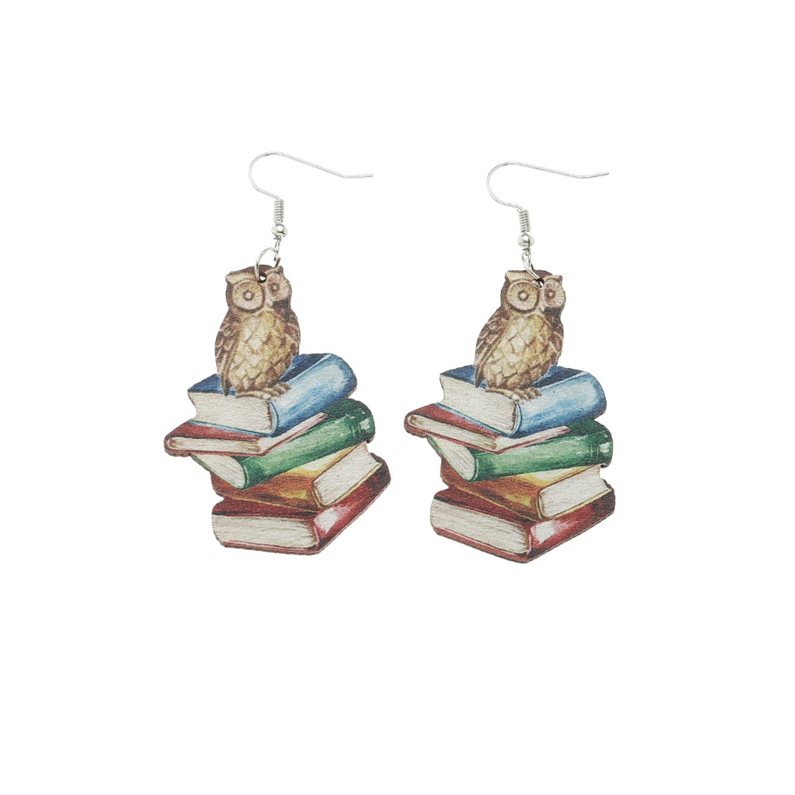 Book Lover Owl Earrings – Vintage Stack of Books Dangle Earrings, Cute Literary Gift for Readers & Teachers