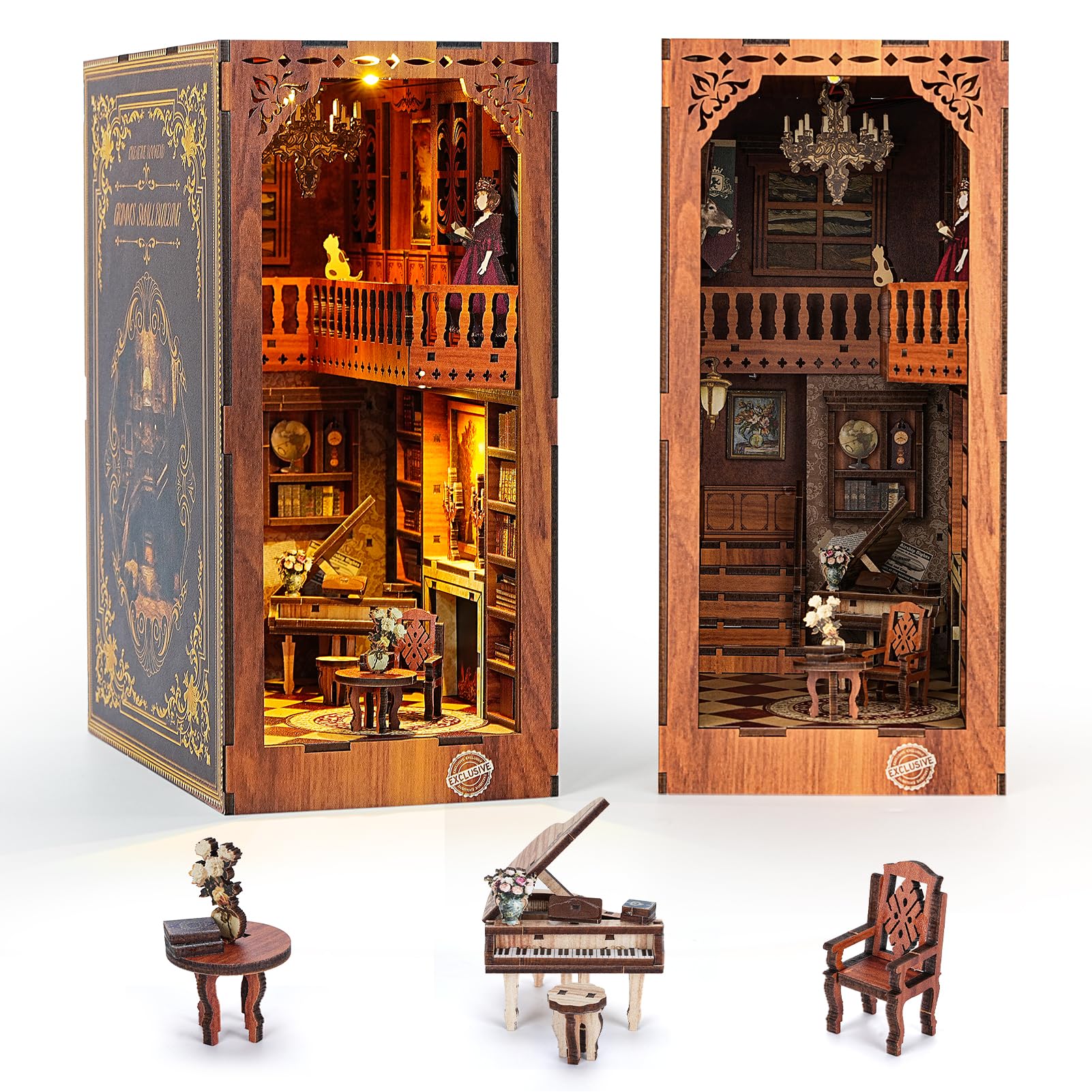 ITEFDTUTNE Book Nook Kit for Adults DIY Miniature Dollhouse Booknook Kit with Led Light 3D Wooden Bookshelf Puzzle Booknook Insert Decor Crafts for Adults Teen Gifts (GRIMMS Small Building)