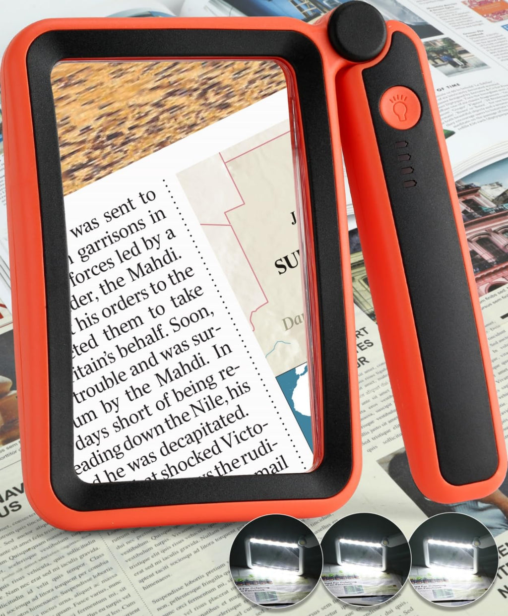 Magnifying Glass for Reading Rechargeable 5X Large Page Magnifier with Light Folding Handheld Dimmable Rectangle Lighted Magnifier for Reading Book Small Print for Seniors Low Vision Orange-Black