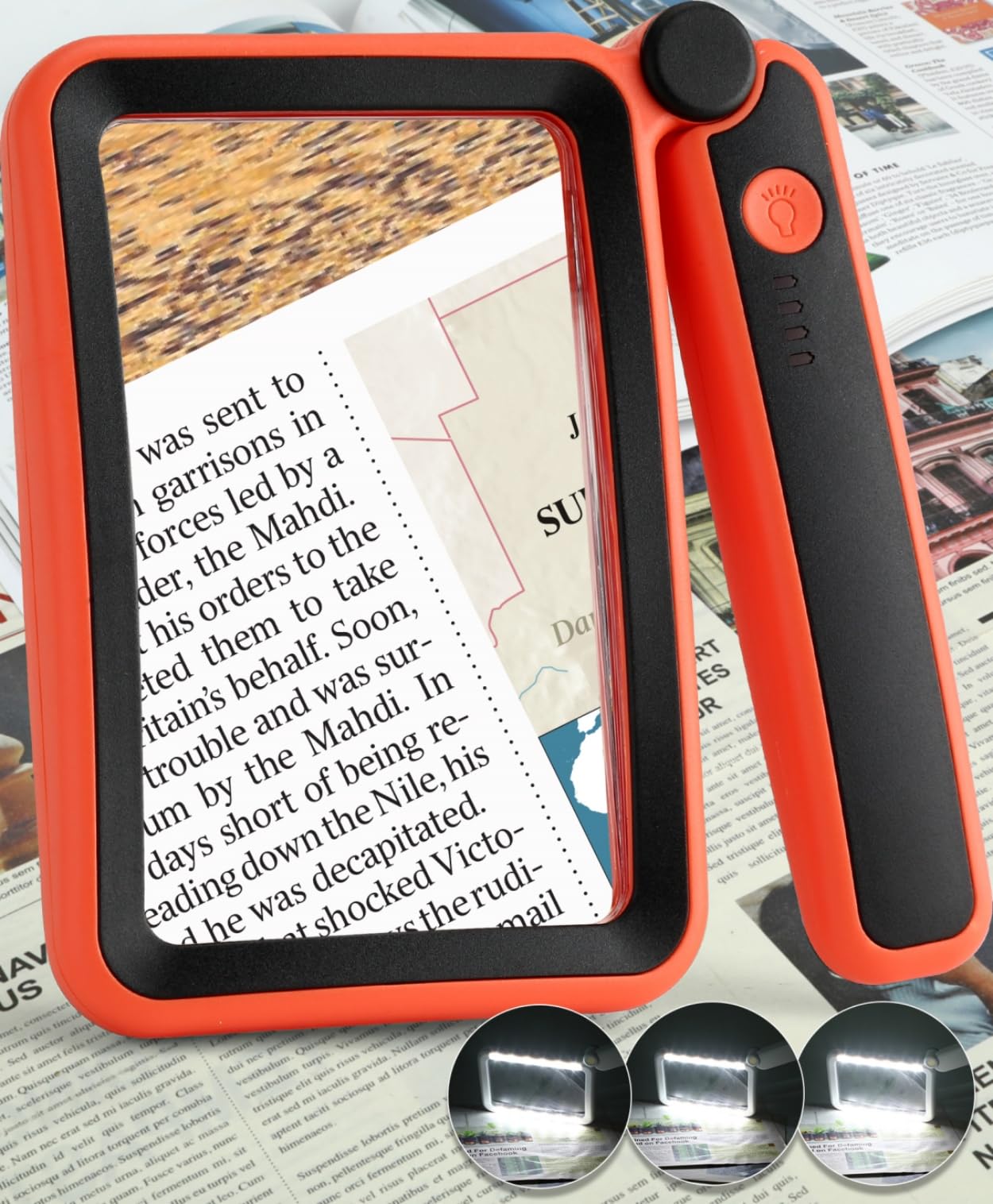 Magnifying Glass for Reading Rechargeable 5X Large Page Magnifier with Light Folding Handheld Dimmable Rectangle Lighted Magnifier for Reading Book Small Print for Seniors Low Vision Orange-Black