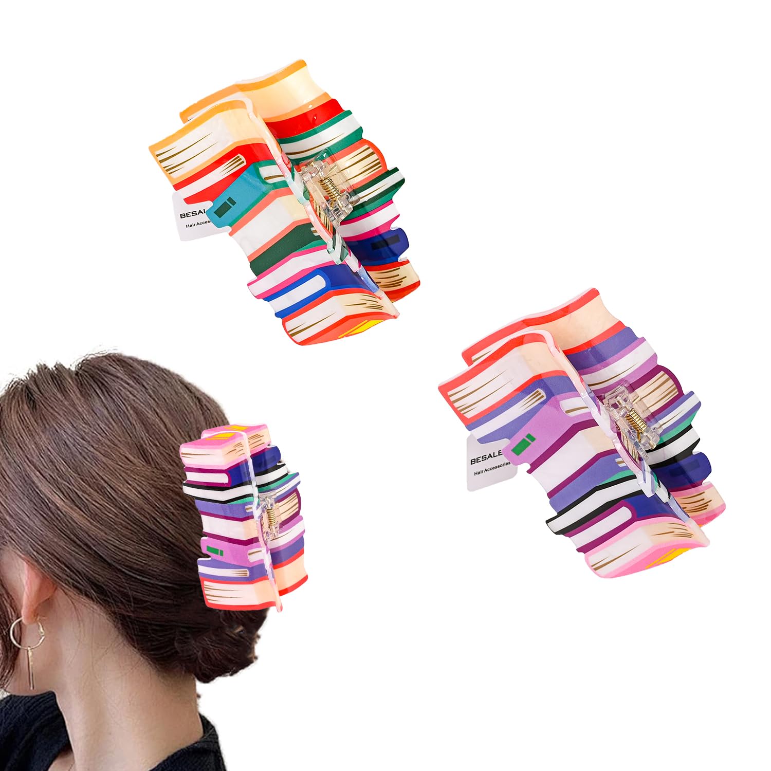 2Pcs Book Hair Claw Clips - Back To School Hair Clips for Thick Thin Hair Funny Teacher Hair Barrettes Accessories for Women Book Lovers (Purple&Orange-Book)