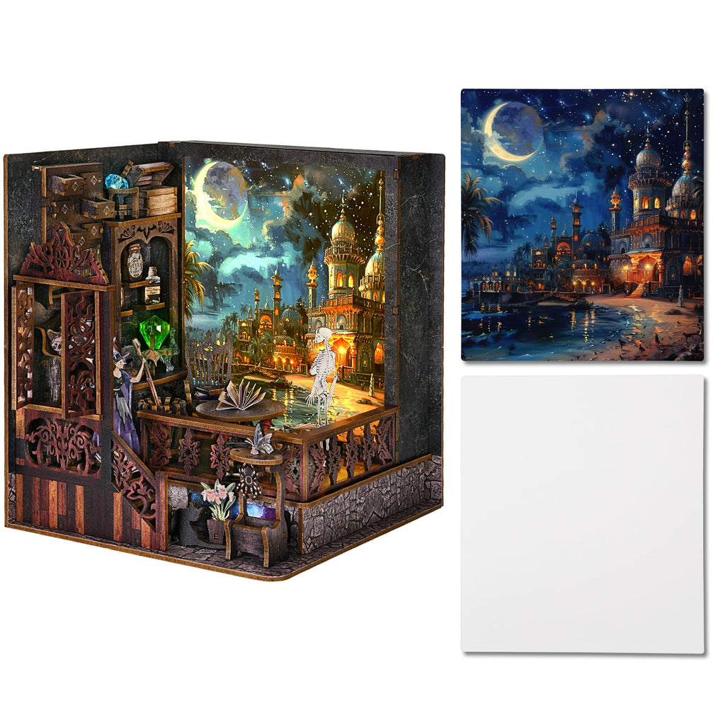 TOYQI Book Nook Kit Booknook Kits for Adults and Teens DIY 3D Wooden Puzzle Bookend Miniature Dollhouse Kit Bookshelf Decor Alley Build Model with LED Light