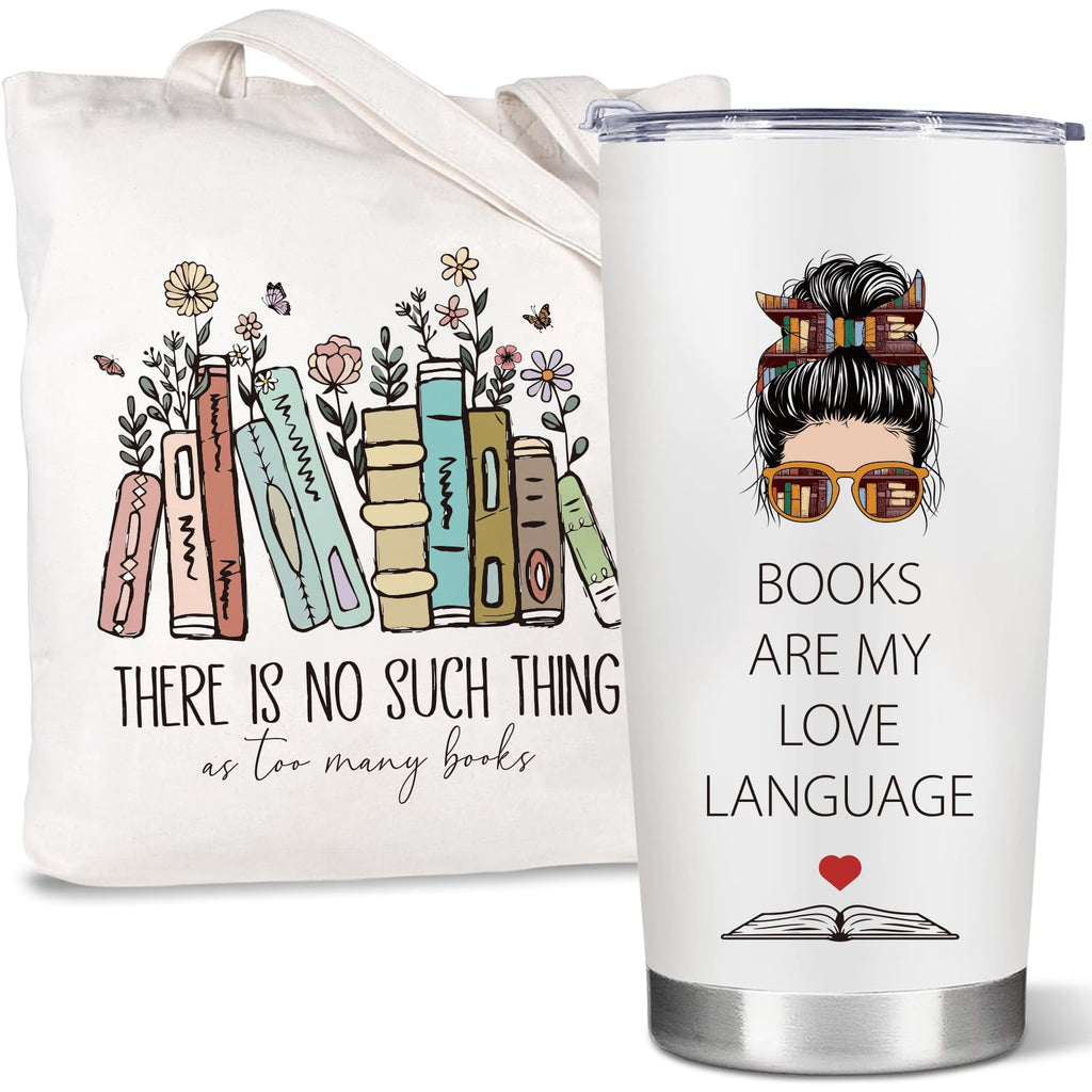 Bookworm Gifts for Readers Book Lovers Women Book Themed Librarian Gifts Bookish Tote Bag & Travel Coffee Tumbler Set Book Nerd Birthday Valentines Presents Book Club Things Reading Accessories