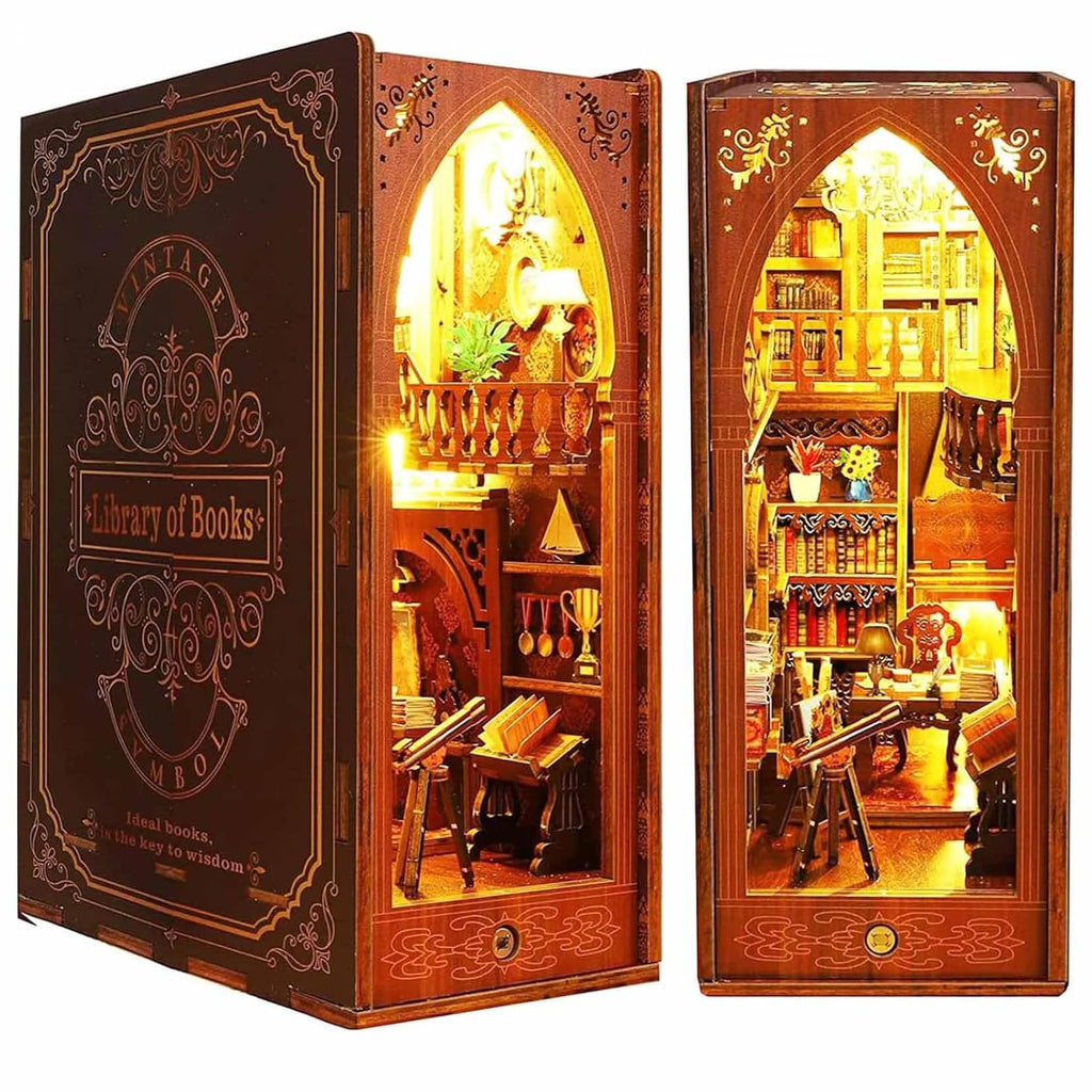 Funle Library of Books Book Nook Kit – DIY Miniature Library Bookshelf Insert with LED Lights, 3D Wooden Puzzle Reading Room Decor