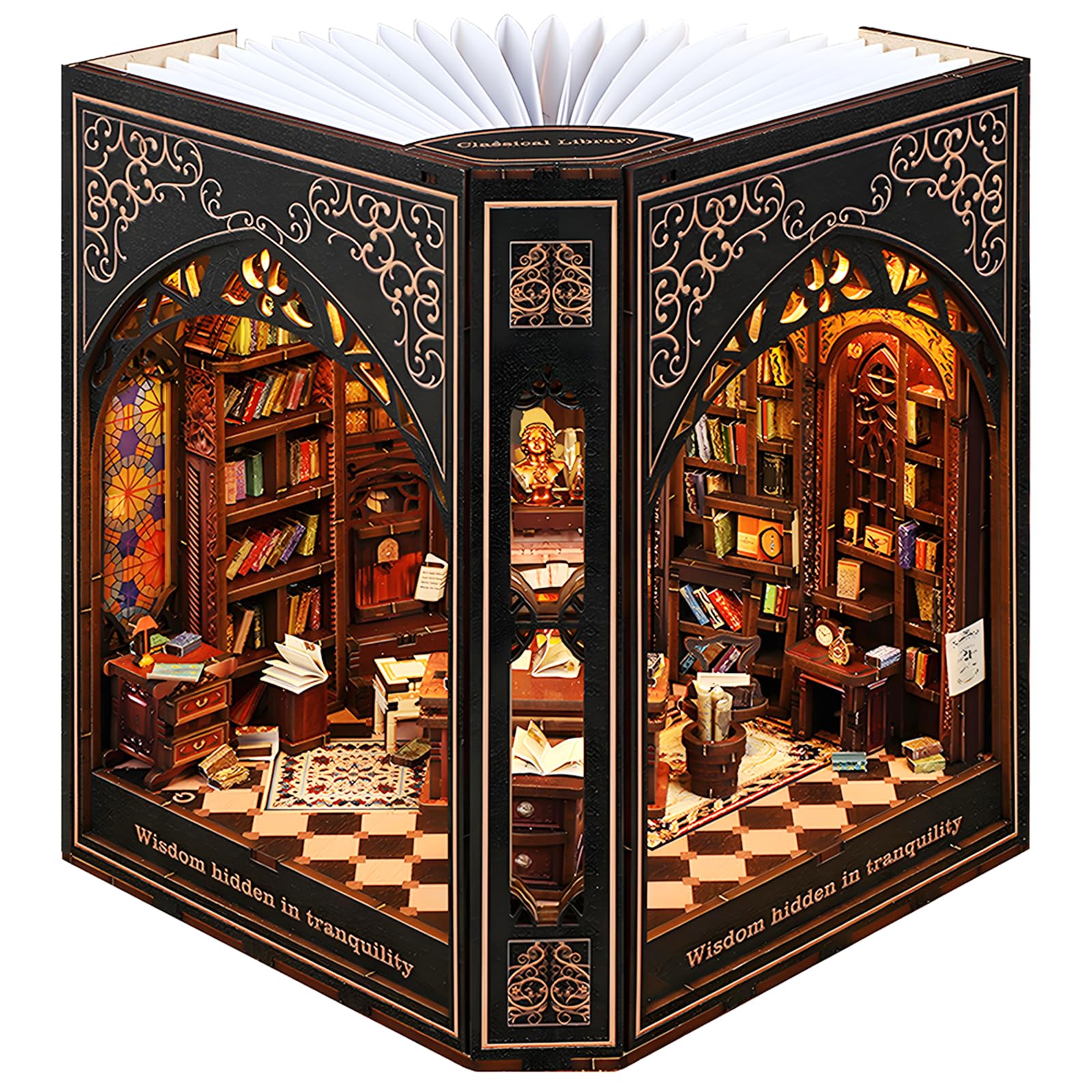 Book Nook Kit with Nightlight – Type-C and Battery Powered DIY Bookshelf Decor Perfect for Home and Office Gift（Classical Library）