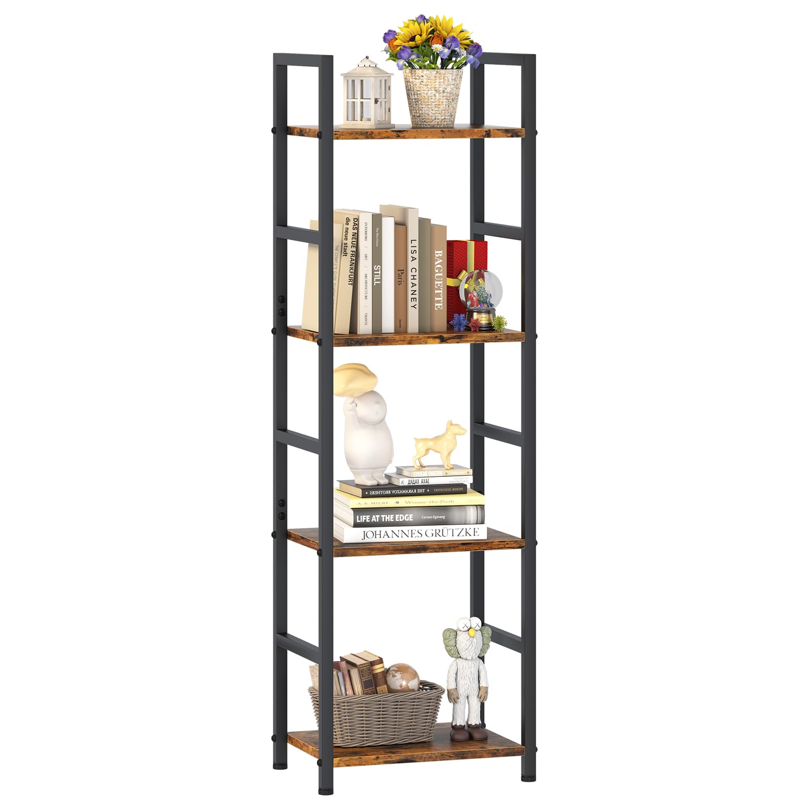 Katrawu 4 Tier Bookshelf Small Book Shelf Industrial Bookcase Metal Narrow Book Case Book Storage OrganizerBookshelves for Bedroom Office Living Room(4 TierRustic Brown)