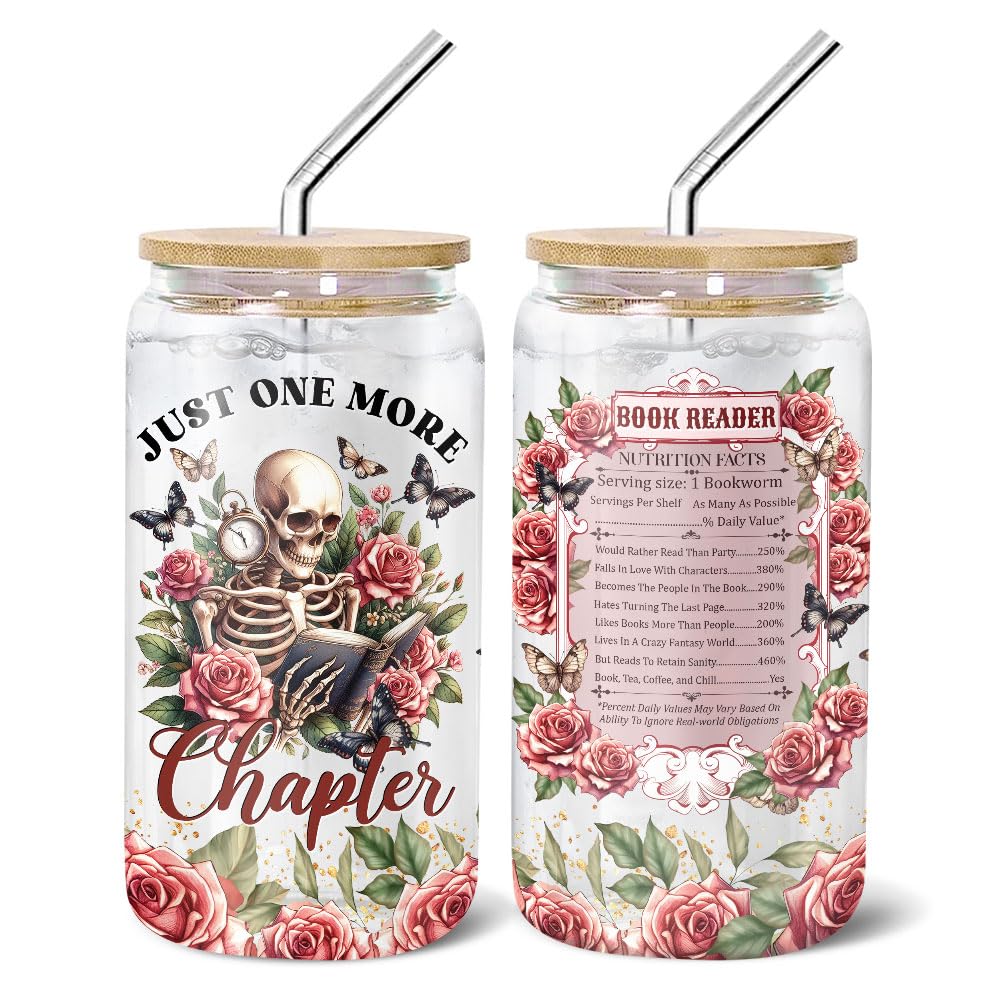 Just One More Chapter Glass Tumbler – Frosted Bookish Floral Cup with Lid & Straw for Readers