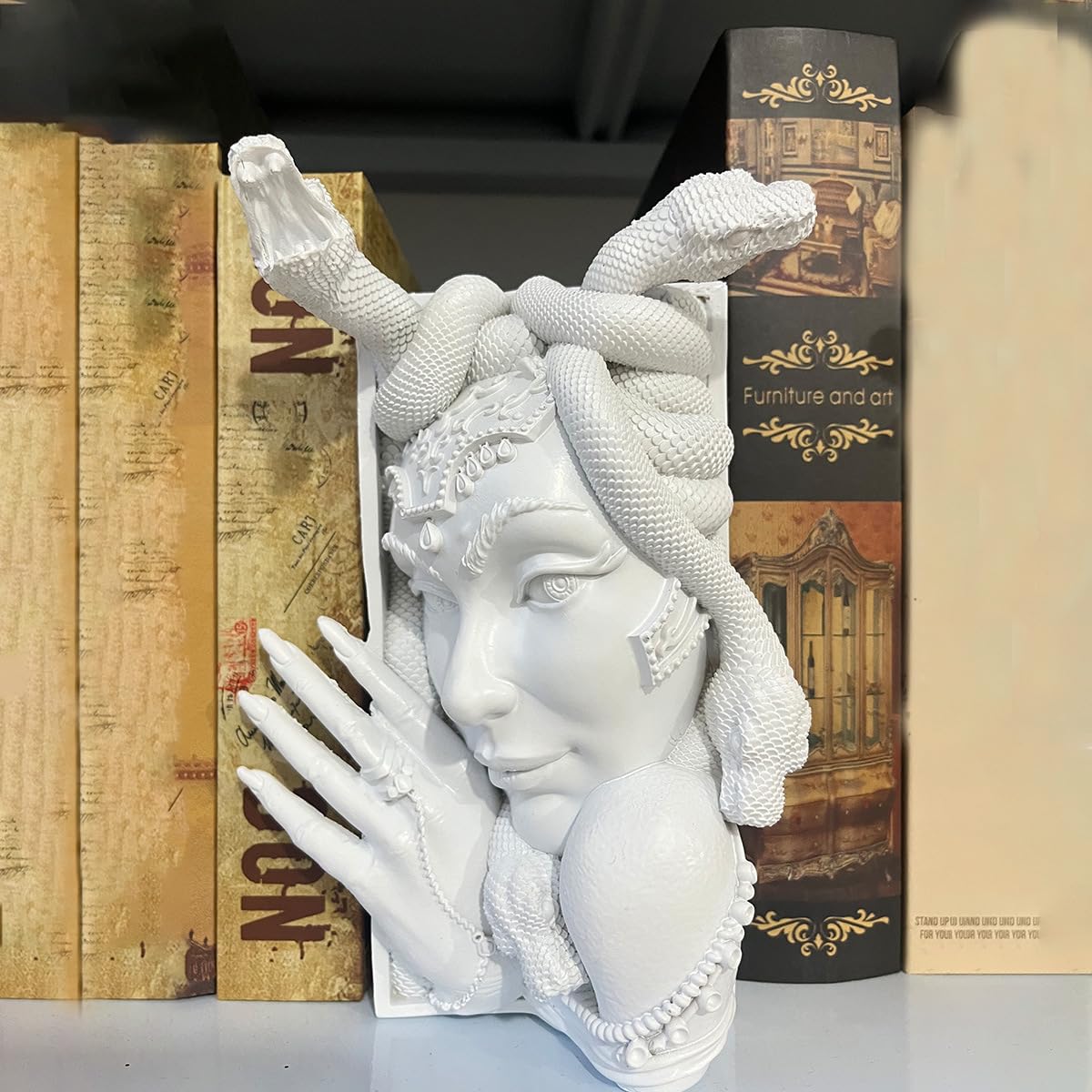 Medusa Head Book Nook Decorative Bookends Unique Snake Women Face Book Ends Heavy Duty Book Stopper for Home Office Desk Vintage Shelf Decor (White)