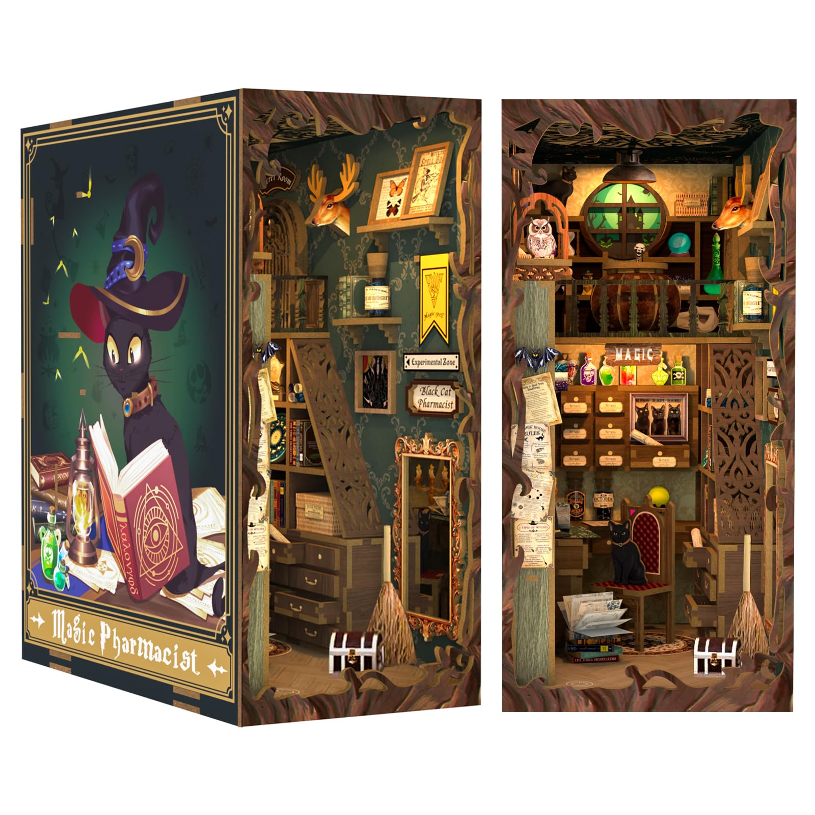 CUTEBEE Magic Pharmacist Book Nook Kit – DIY Miniature Bookshelf Insert with LED Light, 3D Wooden Puzzle Fantasy Reading Room Decor