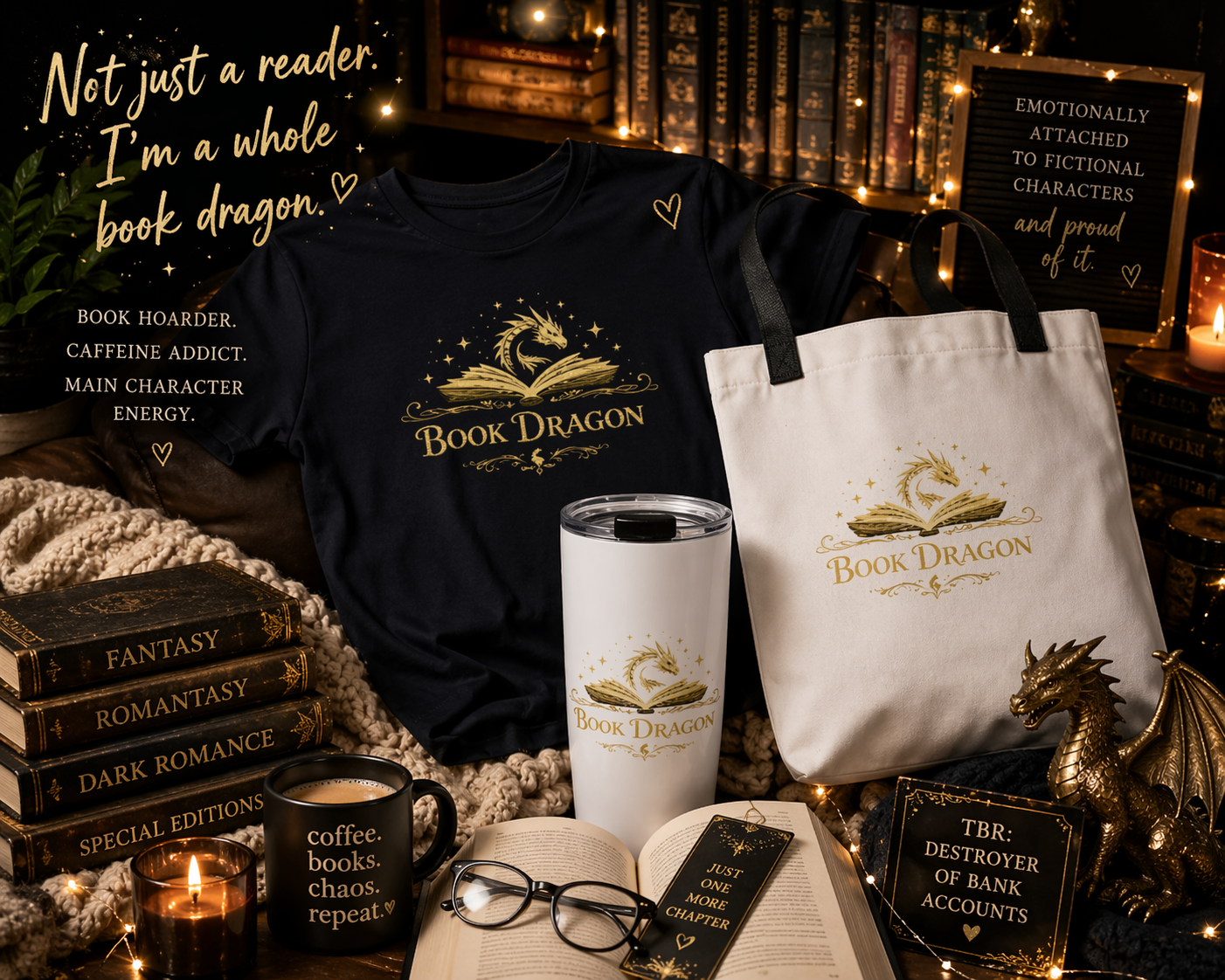 Book Dragon Starter Kit – Fantasy Book Lover Gift Set with Shirt, Tote Bag & Tumbler