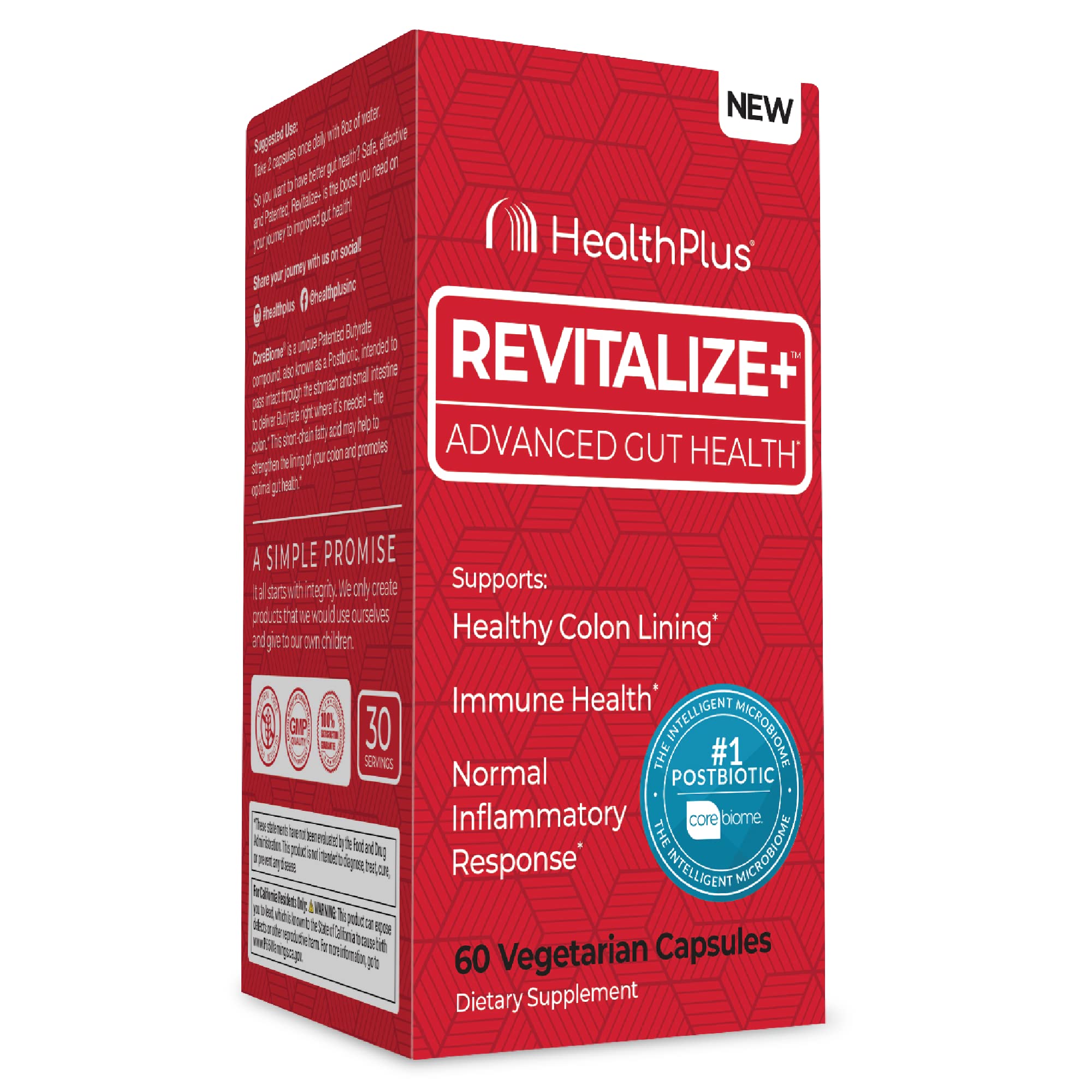 Health Plus Revitalize+ Corebiome Tributyrin Postbiotics for Complete Digestive Health Leaky Gut Colon | Gut Health Supplements for Men & Women | 60 Capsules 30 Servings