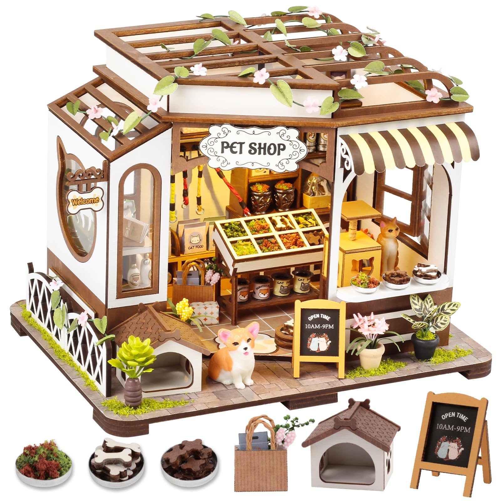 Vaki Vaki Miniature House Kit with LED Light Book Nook Kit with Cover for Birthday Christmas Halloween 3D Wooden Bookends Puzzle Bookshelf Decor for Adults Teens Beginners (Pet Shop)