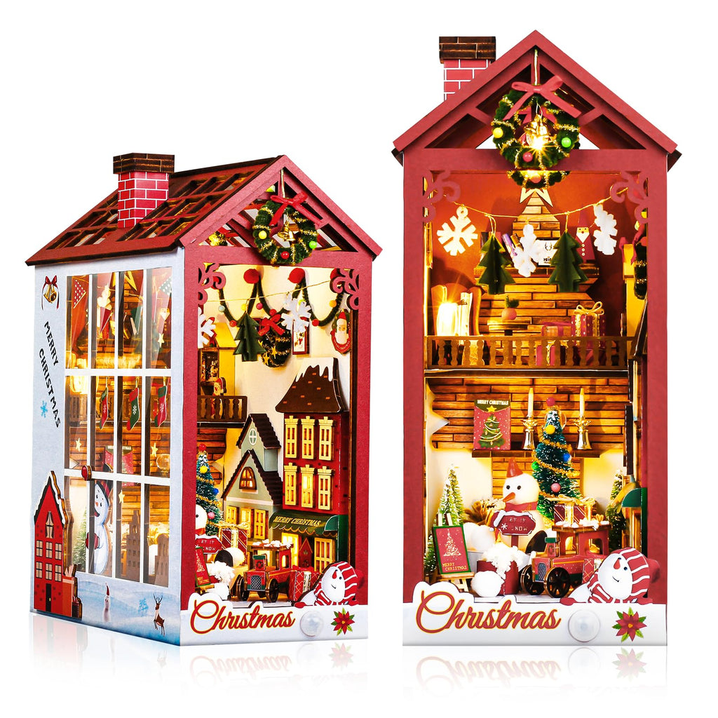 Book Nook Kit-Christmas Theme DIY Miniature Dollhouse Booknook KitBook Nook Miniature Kit with Sensor LED Light & Music 3D Wooden Bookends Model Build-Creativity Gift Kit for Adults (Christmas)
