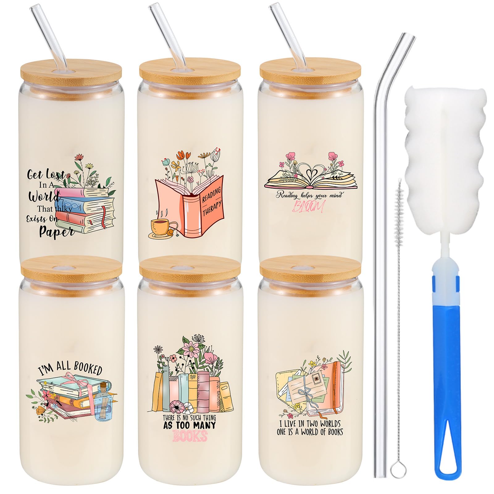 Kolewo4ever 6 Pieces Book Lover Glass Cups 16 oz Flower Readers Glasses Book Club Bookworms Gifts for Readers Book Lovers Librarian Gifts (Flower)