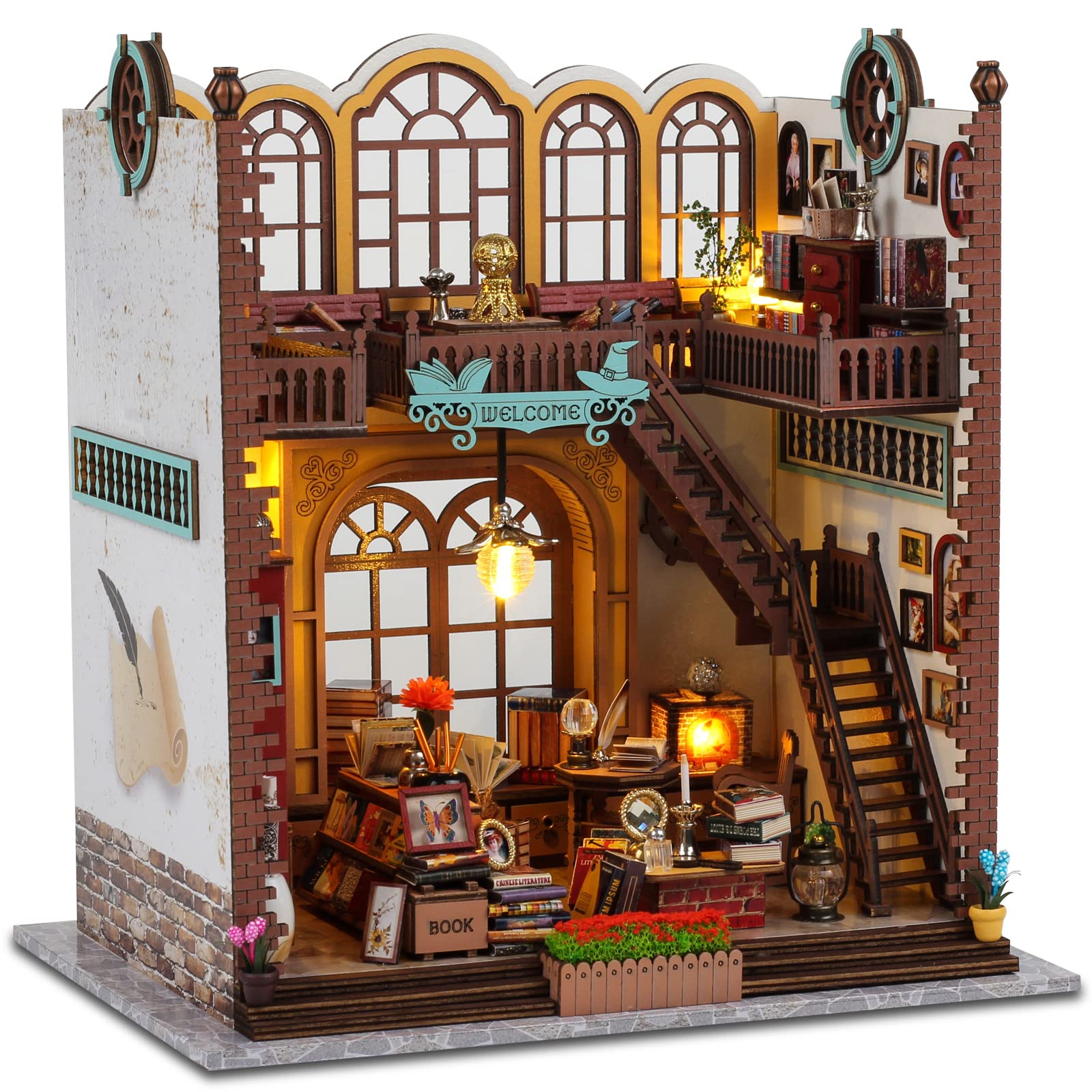 INSGEN DIY Miniature Dollhouse Greenhouse Building Room Kit Wooden Diorama Book Nook House Kits Build Crafts for Adults Miniature Street Tiny Library House Making Kit 1:24 Scale