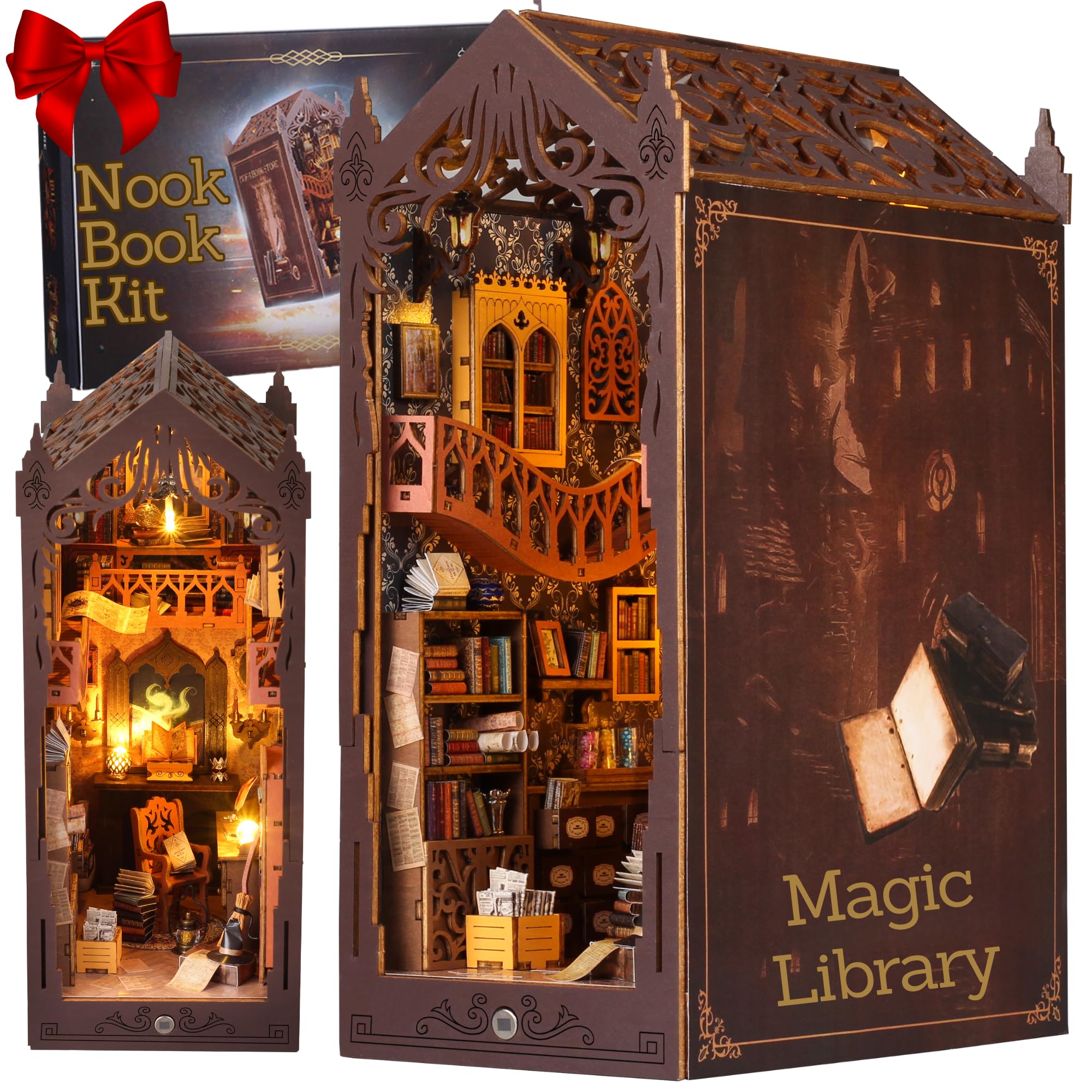 HURUC Book Nook Kit – Library Theme DIY Booknook with LED Lights | Book Nook Kits for Adults Teens | Beginner-Friendly Nook Book for Home Décor | Perfect Booknook DIY Kit Gift