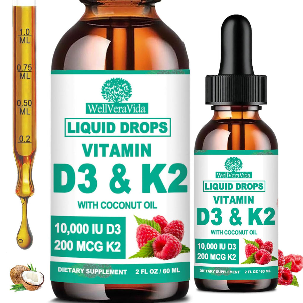 （2 Pack）D3 K2 Vitamin 10000iu Liquid Drop Vitamin D3 With K2 (MK-7)200mcg Coconut Oil 6X Stronger Than D3 K2 Sofegels Magnesium Zinc for Absorption -K2 D3 Vitamin Supplement for Joint & Bone Health