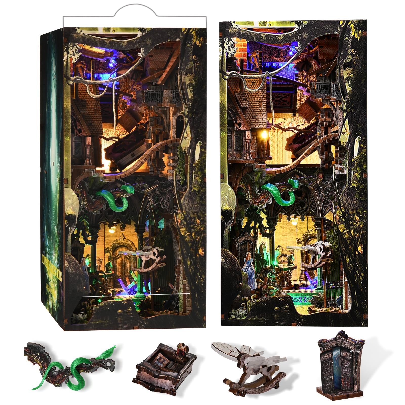 MiniCity DIY Book Nook Kit DIY Miniature Dollhouse with Lights for Adults and Teens (Down The Rabbit-Hole Alice in Wonderland)