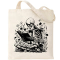 Skeleton Reading Canvas Tote Bag – Book Lover Aesthetic Zipper Book Tote for Readers