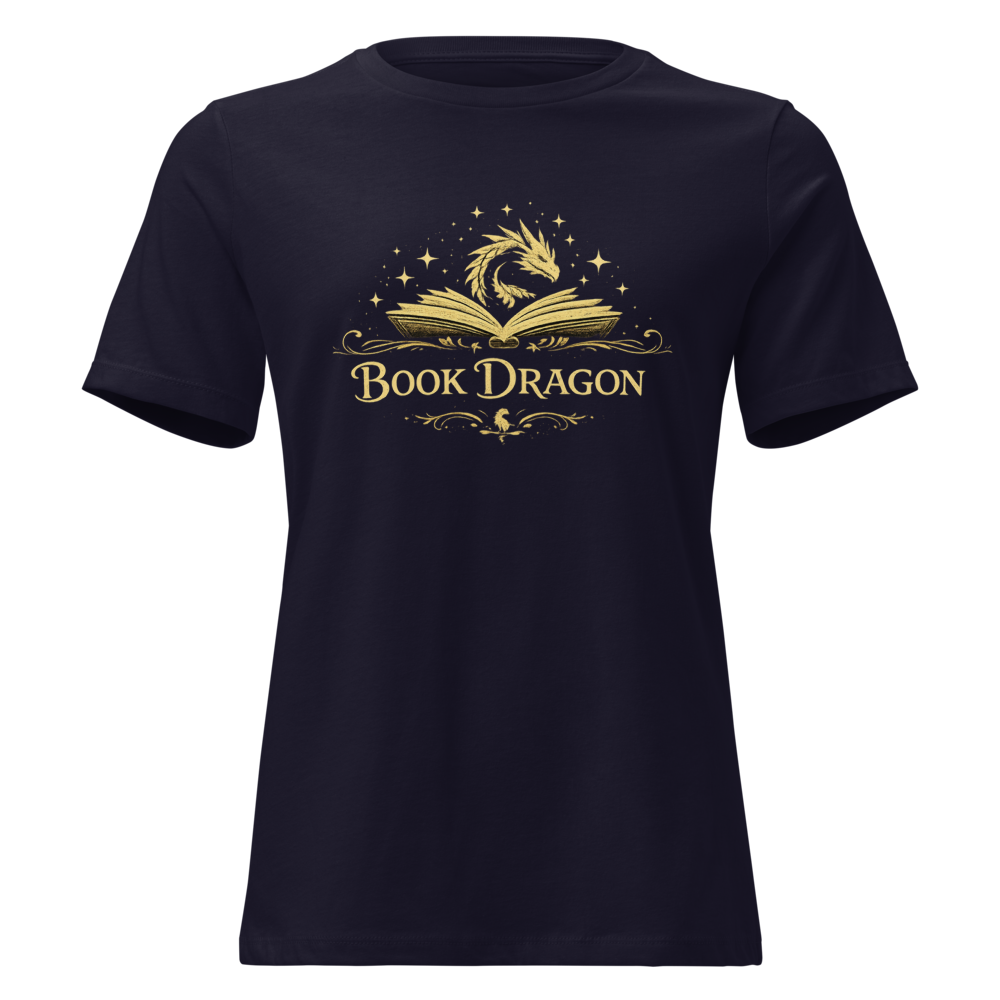 Women's Relaxed Book Dragon T-Shirt – Fantasy Book Lover Graphic Tee for Readers & Romantasy Fans