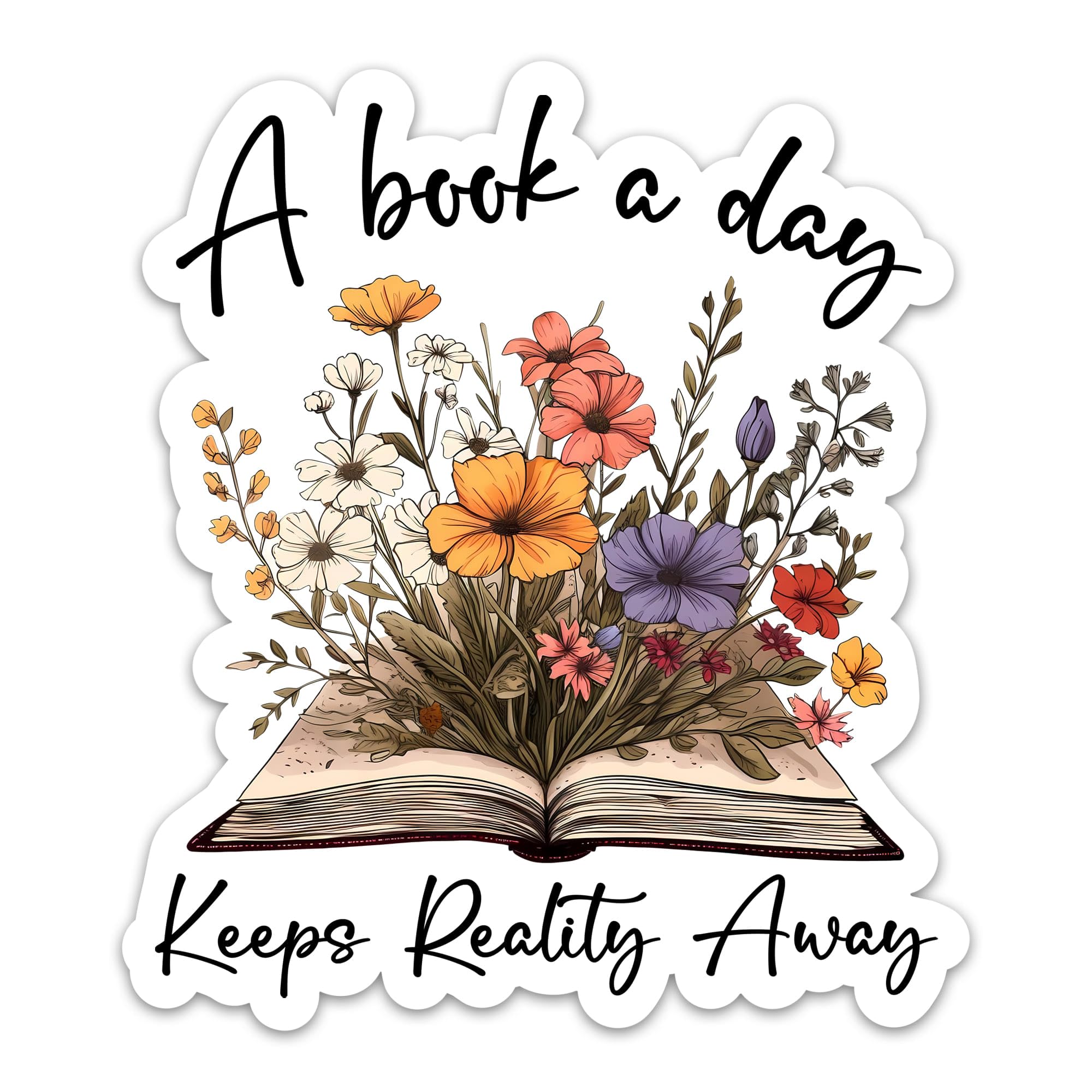 (3PCs) A Book A Day Keeps Reality Away Sticker Reading Bookish 3" Sticker Book Lovers Waterproof Vinyl Stickers for Laptop Kindle Tumbler Notebook Phone Water Bottle Flower Book Decals 3 Inches