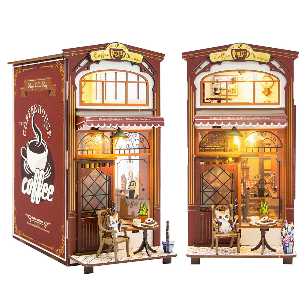 Foyucool DIY Book Nook Kit 3D DIY Miniature Dollhouse Kit Wooden Booknook Bookshelf Insert Decor Wood Dollhouse Bookend Model Gift for Kids Teens Adults Coffee House