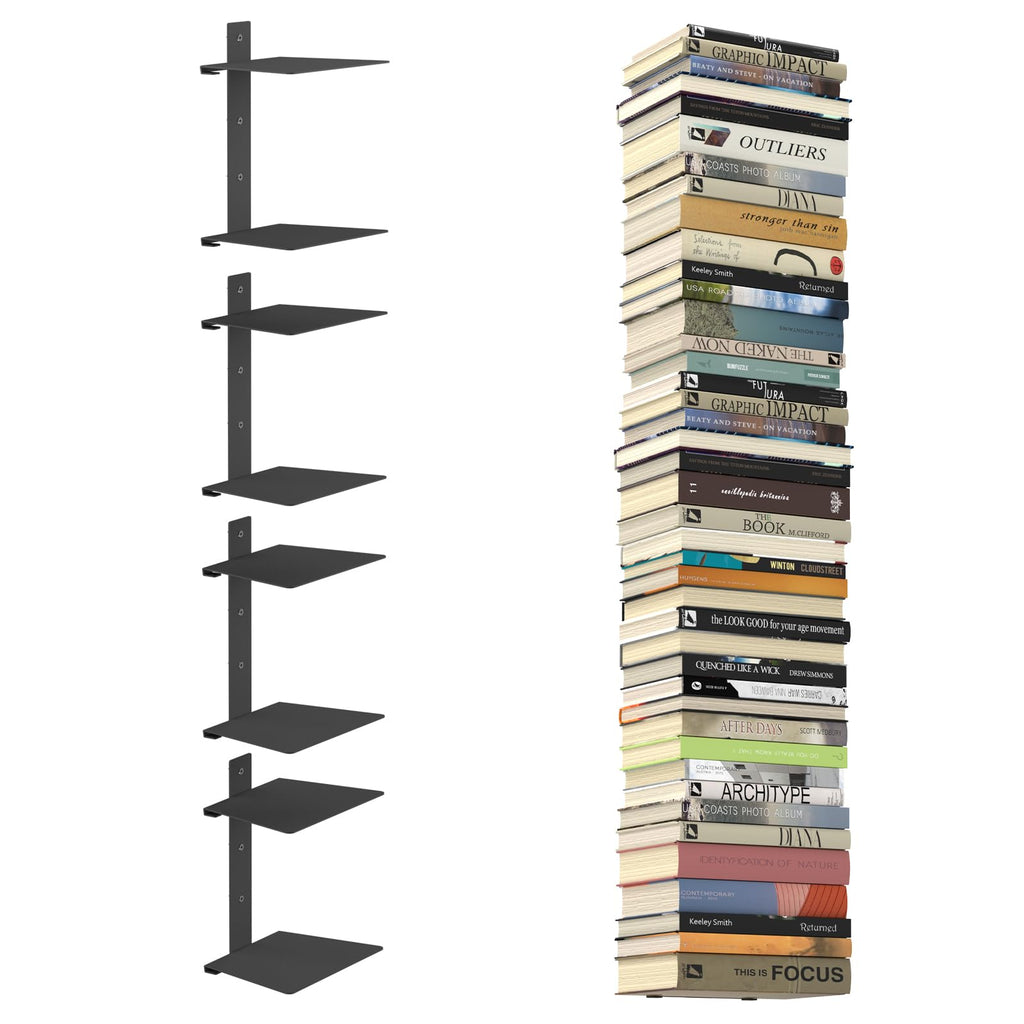 Mefirt Invisible Floating Bookshelves for Wall 8 Tier Vertical Spine Book Tower Heavy Duty Floating Book Shelves Metal Book Organizers for Home Office 4 Pack(Black)